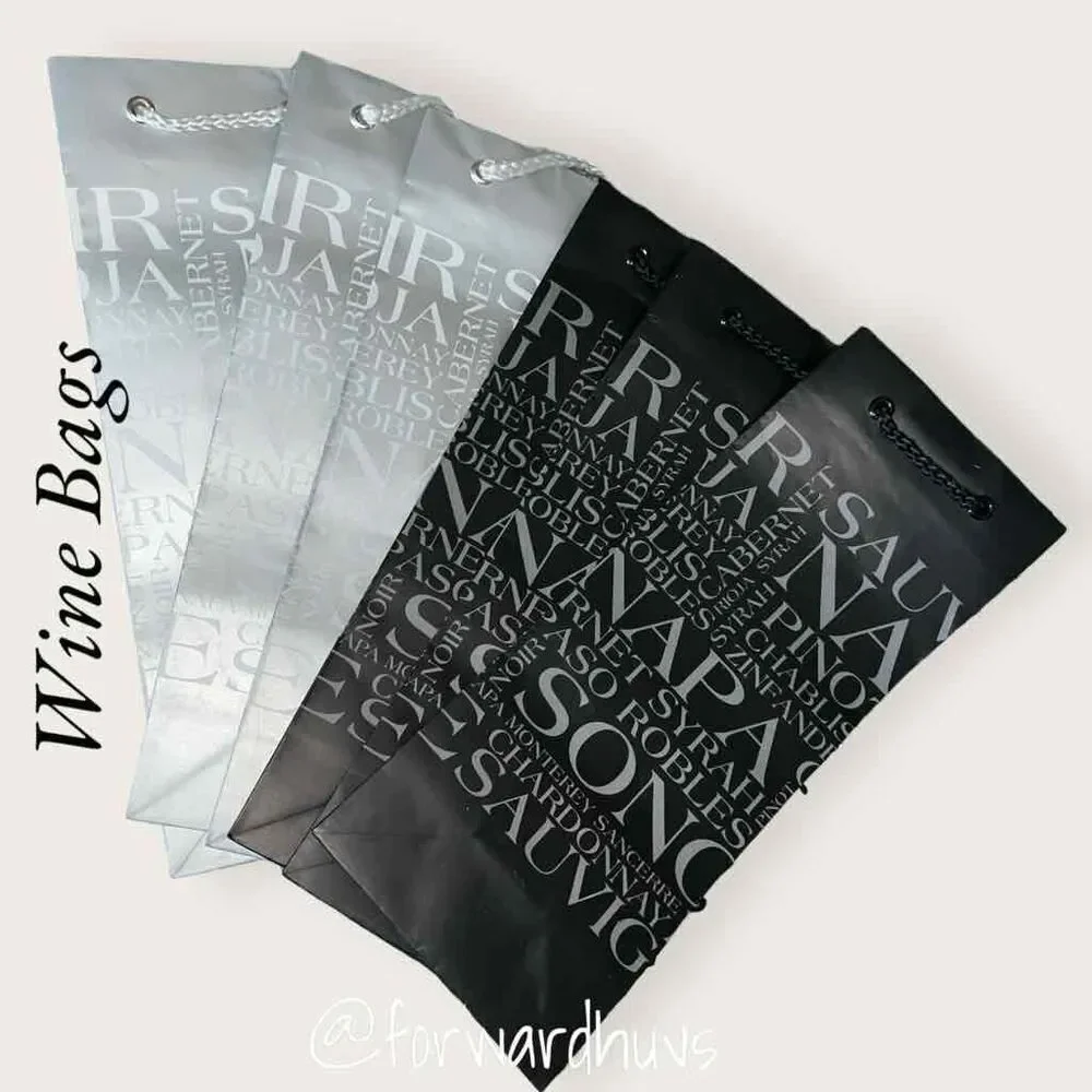 Wine Bottle Gift Bags (3) Black and (3) Silver with Tissue Paper